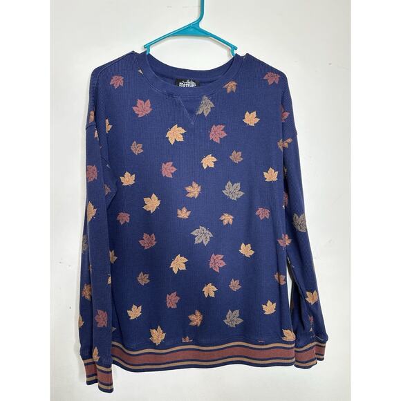 Feeling Festive Size Medium Navy Waffle Leaf Pattern Top Autumn Fall Leaves - Picture 1 of 7